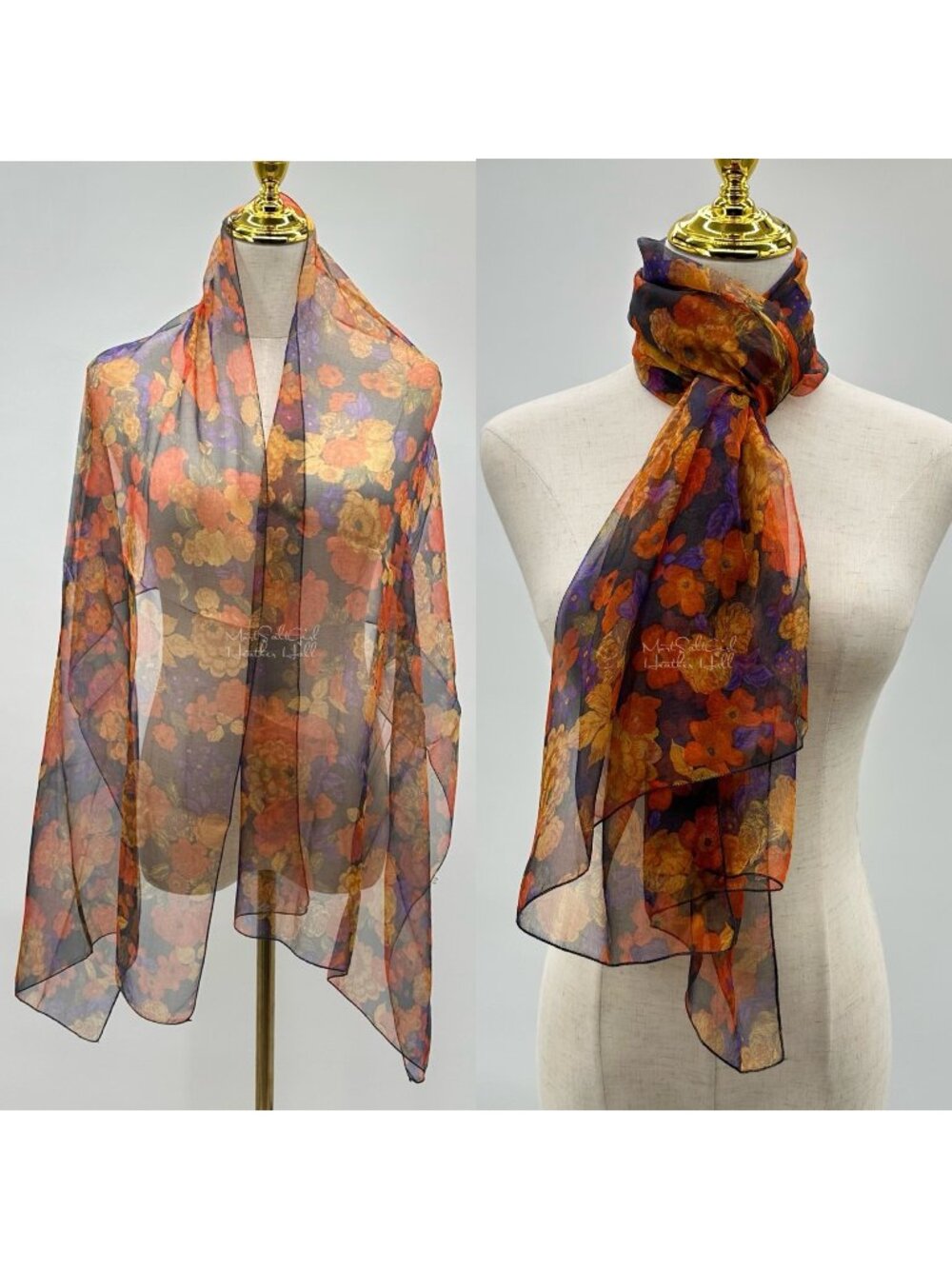 Vintage Floral Silk Scarf Made In France Sheer Lightweight Orange & Purple